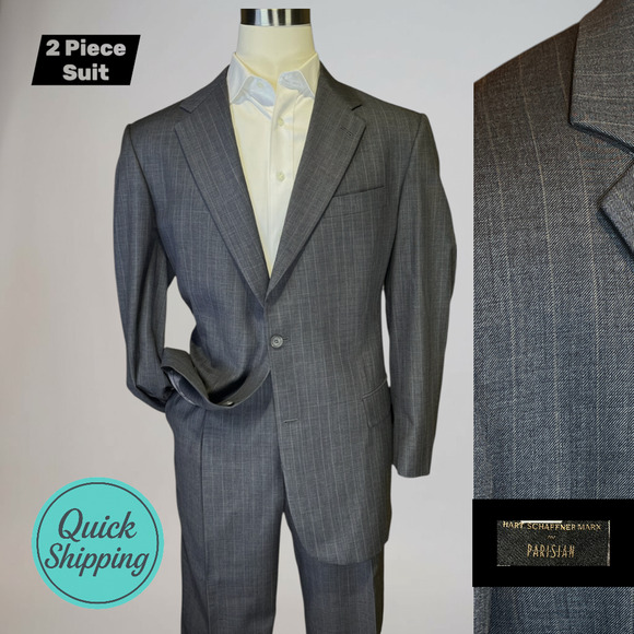Hart Schaffner Marx Other - Hart Schaffner Marx 44L 37x30 Steel Gray Light Tan Stripe Suit Micro Hopsack